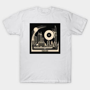 Chicago City Skyline Retro Vinyl Record Graphic T-Shirt